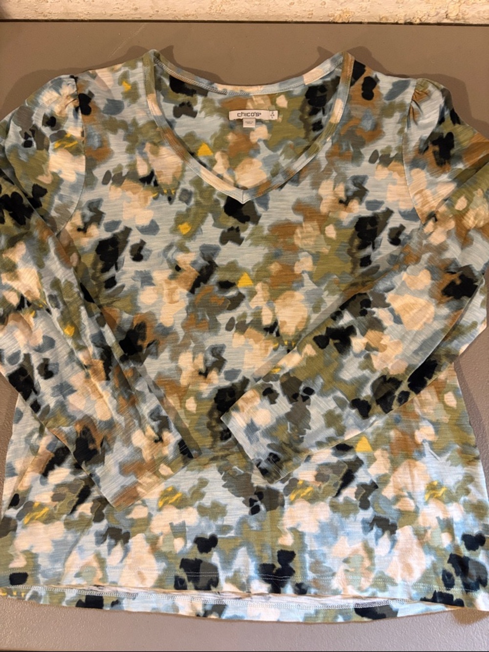 Chico's Blue, Olive & Black Floral-Print V-Neck Long Sleeve Top